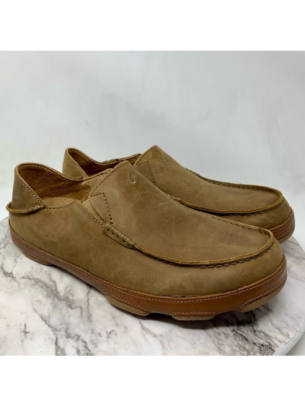 Olukai Moloa Waxed Nubuck Ray/Toffee Step Back Slip Ons 11 Mens Beach Casual